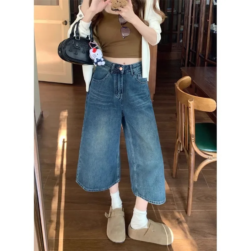 

American Style Wide-Leg Jeans for Women Summer New Large Size Capri Pants Loose High Waist Slimming Straight Eight-Point Pants