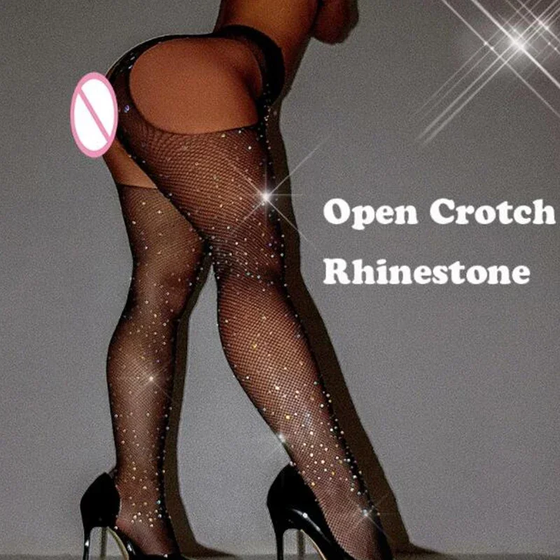 Lingerie sexy erótica bling strass fishnet bodysuit transparente sexo vestido feminino malha collants sexy corpo exótico meias