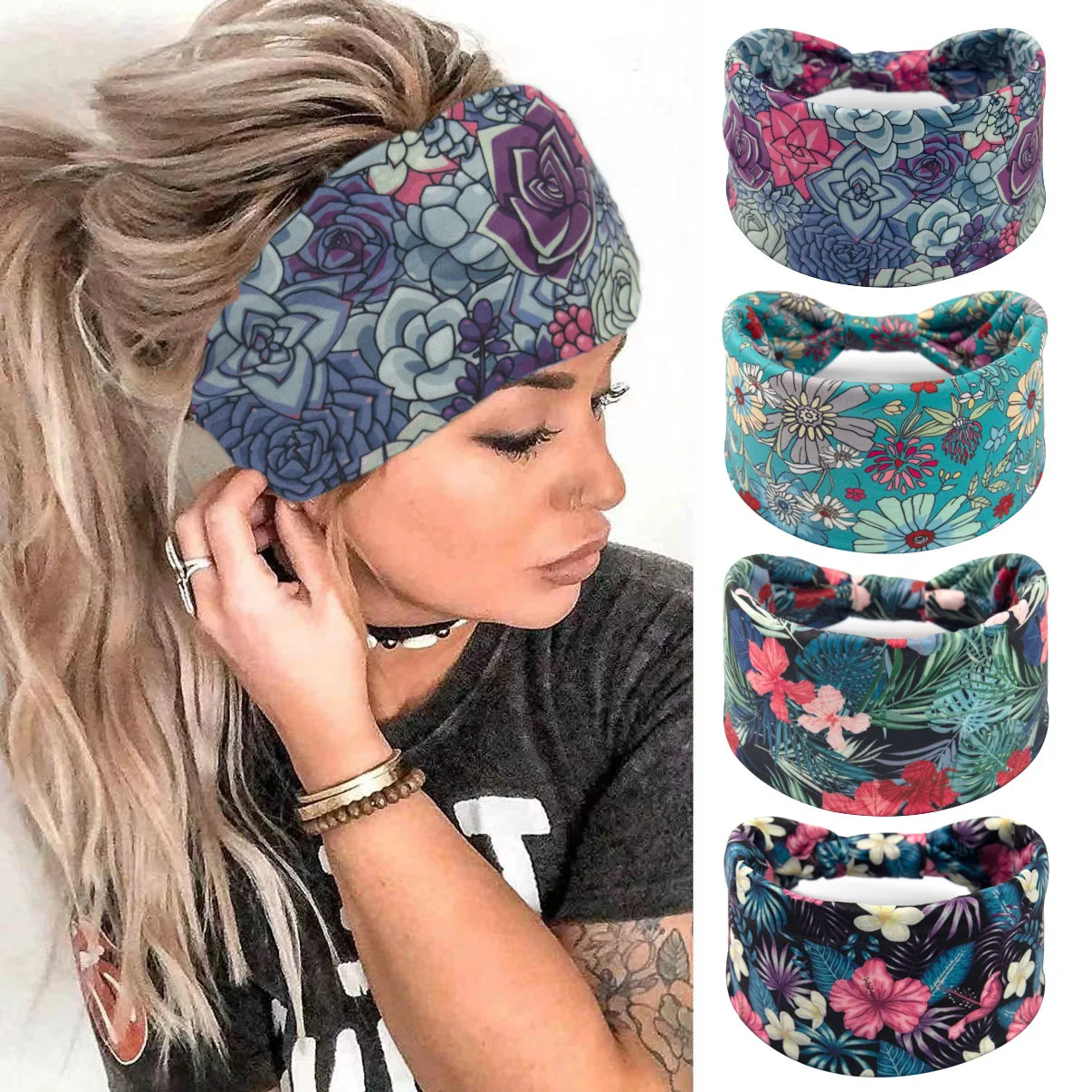 Boho Headbands For Women Wide Knotted Non Slip African Headband Elastic Yoga Turban Hair Scarfs Workout Printed Hair Accessories