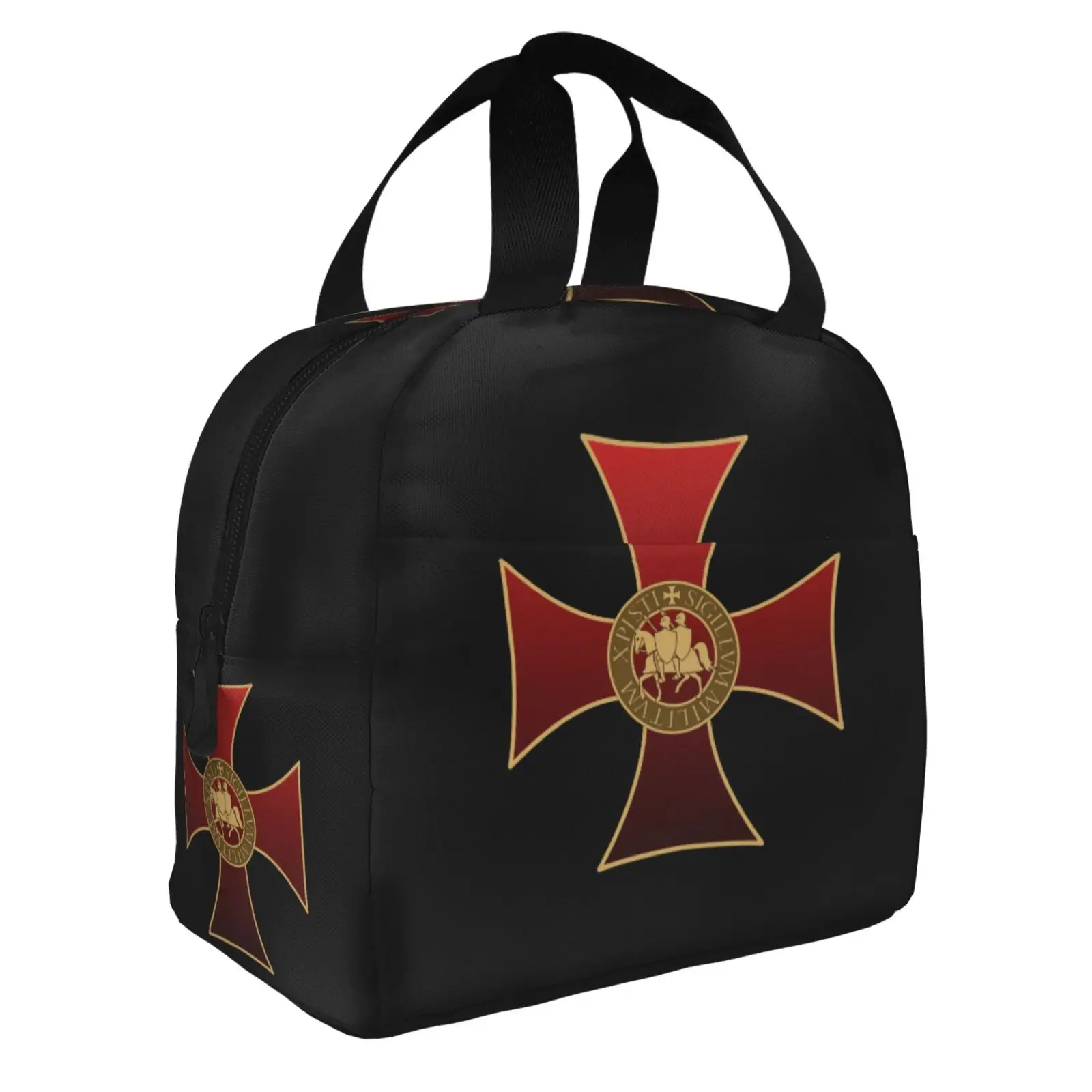 Knights Templar Badge Red Cross Print Lunch Tote Bag Insulated Leakproof Lunch Box Container with Front Pocket for Girls Boys