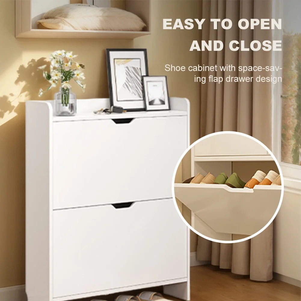 2-Tier Wooden Shoe Organizer Cabinet with Flip Drawers Narrow Shoe Storage Cabinet Space Saving
