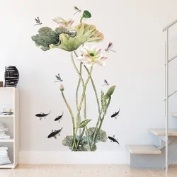 Chinese Style Lotus Fish Wall Sticker Bedroom Living Room Background Decoration Mural Entrance Beautify Decals Removable Paster