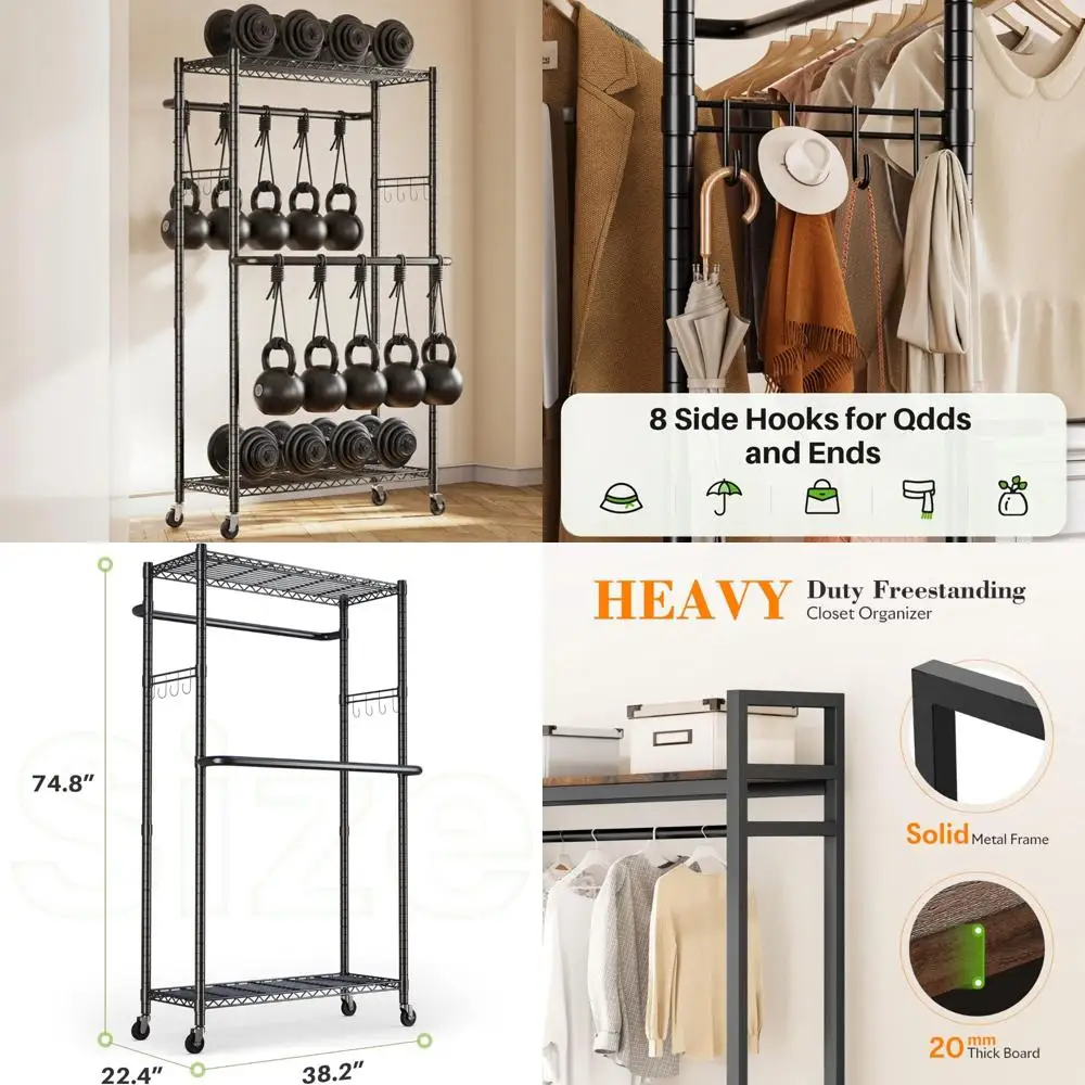 

Регулируемая сверхмощная двойная вешалка для одежды с колесами, 4 крючками и полками, портативная вешалка для одежды емкостью 400 фунтов для хранения