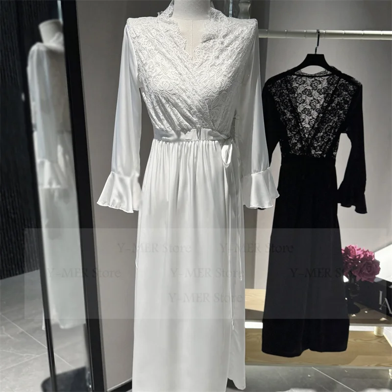 2025 New Satin Robe White Bride Wedding Kimono Gown Long Dress Sexy Lace Flower Vestidos De Novia Backless Bathrobe Lingerie