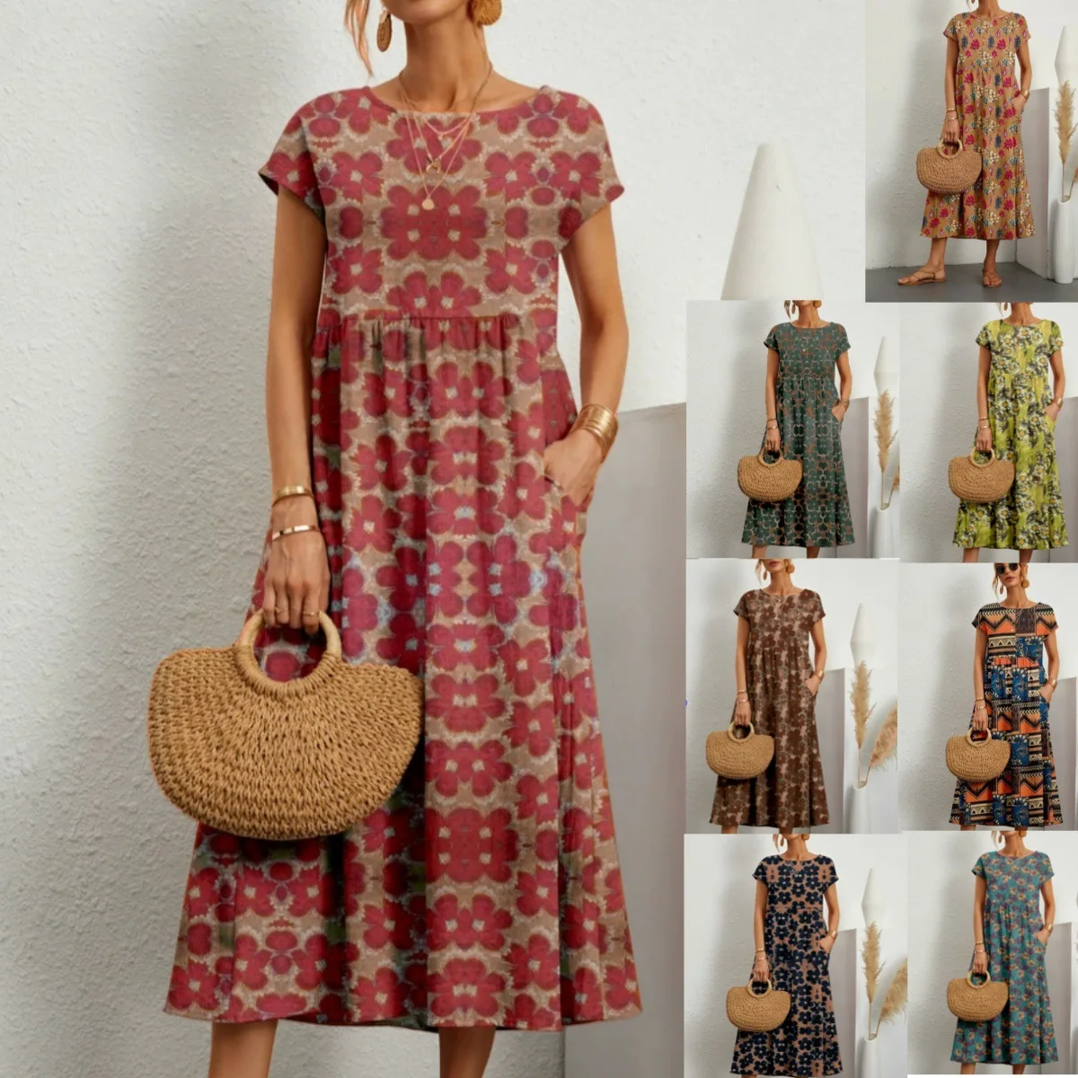 

Casual Printed Elastic Short-sleeved Long Dress Women 2025 Summer Loose Round Neck Bohemian Vacation Pocket Dress For Women