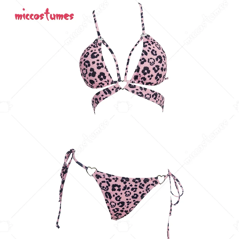 US Stock Haikyuu Women Leopard Bikini Set Pink Sexy Two Piece Swimsuit Halter Bikini Set Tie Side Bathing Suit