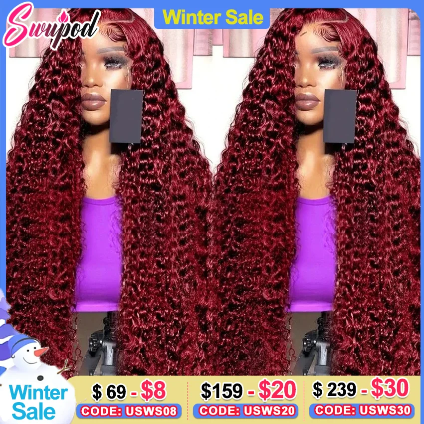 

13x6 Deep Wave Frontal Wigs Human Hair Transparent 99j Burgundy 4x4 Front Wig Red Colored Hd Lace Curly Human Hair Wig