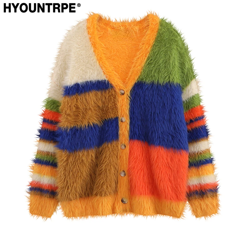 Mens Cardigan Sweater Y2K Fashion Striped Streetwear Hip Hop Warm Hairy Knitted Cardigan Single Breasted Sweater Unisex Jumpers