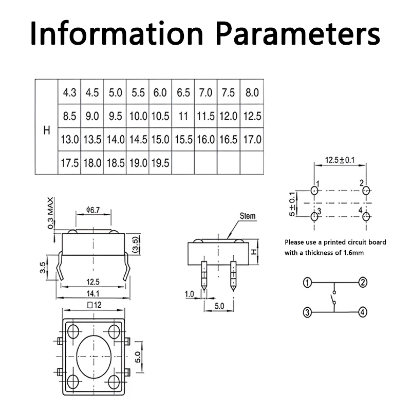 10 Stück Steck-Taktschalter 12*12 Griffhöhe 8,0mm 4-Pin 50mA DC 12V 12x12 Selbstrückstellender Elektronischer Drucktastenschalter – Detail 6
