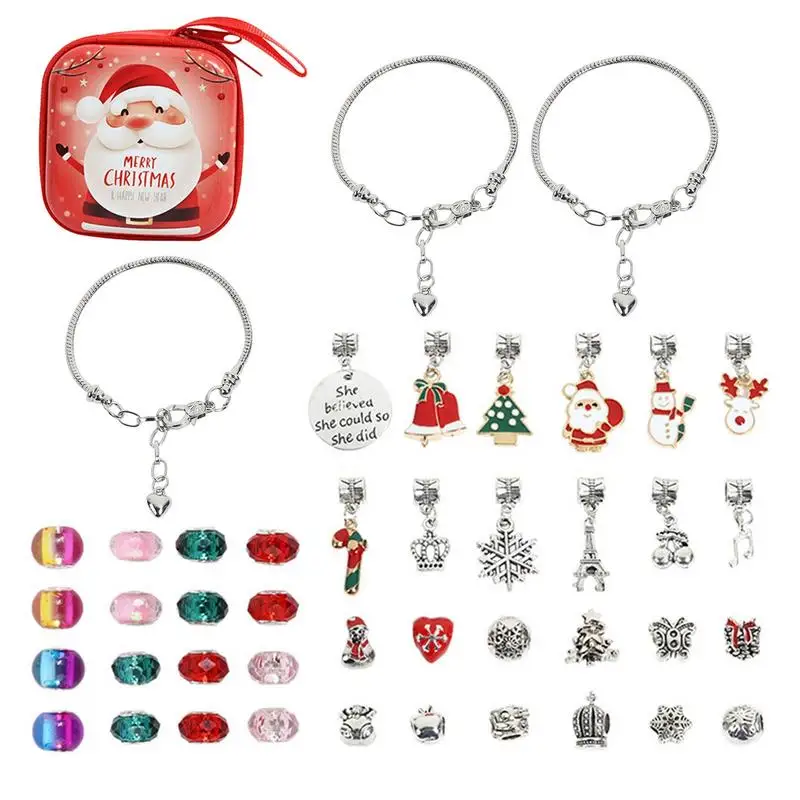 Charm Bracelet Making Kit For Girls Christmas Elk Santa Claus Ornaments DIY Colorful Handmade Beaded Children Bracelet Gift Set