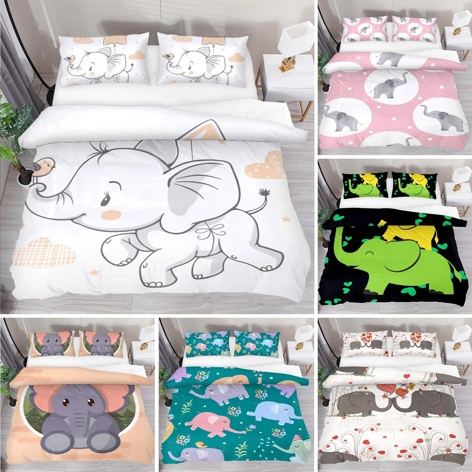 

Kids Cartoon Elephant Duvet Cover Lovely Animal Theme Bedding Set Full For Girls Boys Kawaii Room Decor Microfiber Quilt Cover