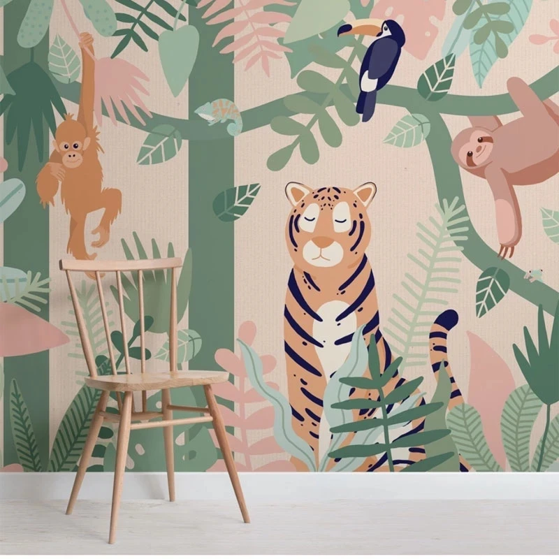 Custom Jungle Animal Friend Mural Nursery Children's room Bedroom 3D Cartoon Photo Mural Decor Wallpaper tiger monkey bird Hotel