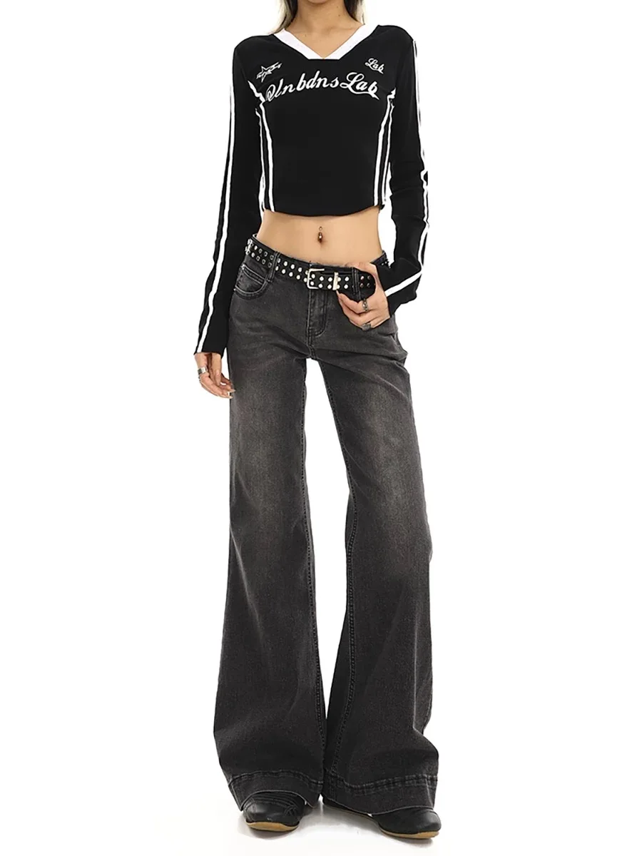 Y2K Jeans lavati vintage da donna Pantaloni lunghi a ferro di cavallo dimagranti retrò elasticizzati leggermente svasati slim fit