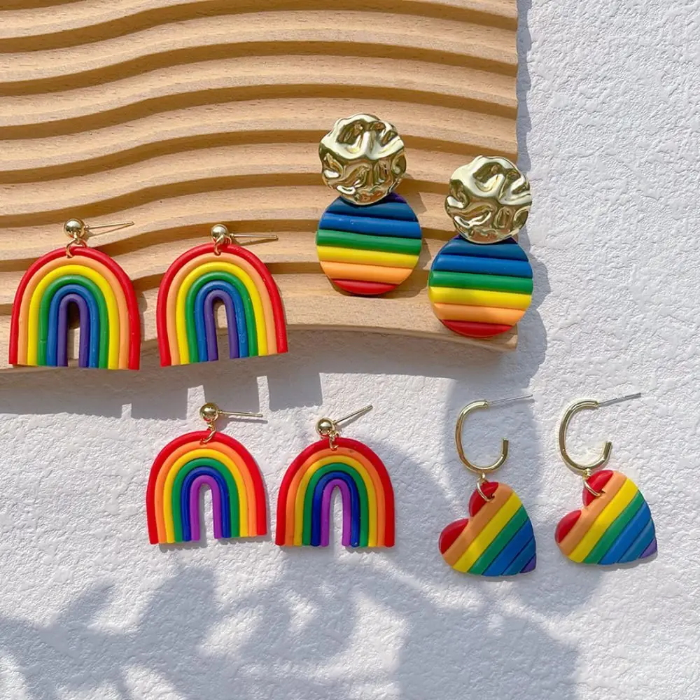 Colorful Rainbow Arch Earrings Trendy Exquisite LGBT Rainbow Flag Earring Irregular Soft Pottery Heart Shape Rainbow Earrings