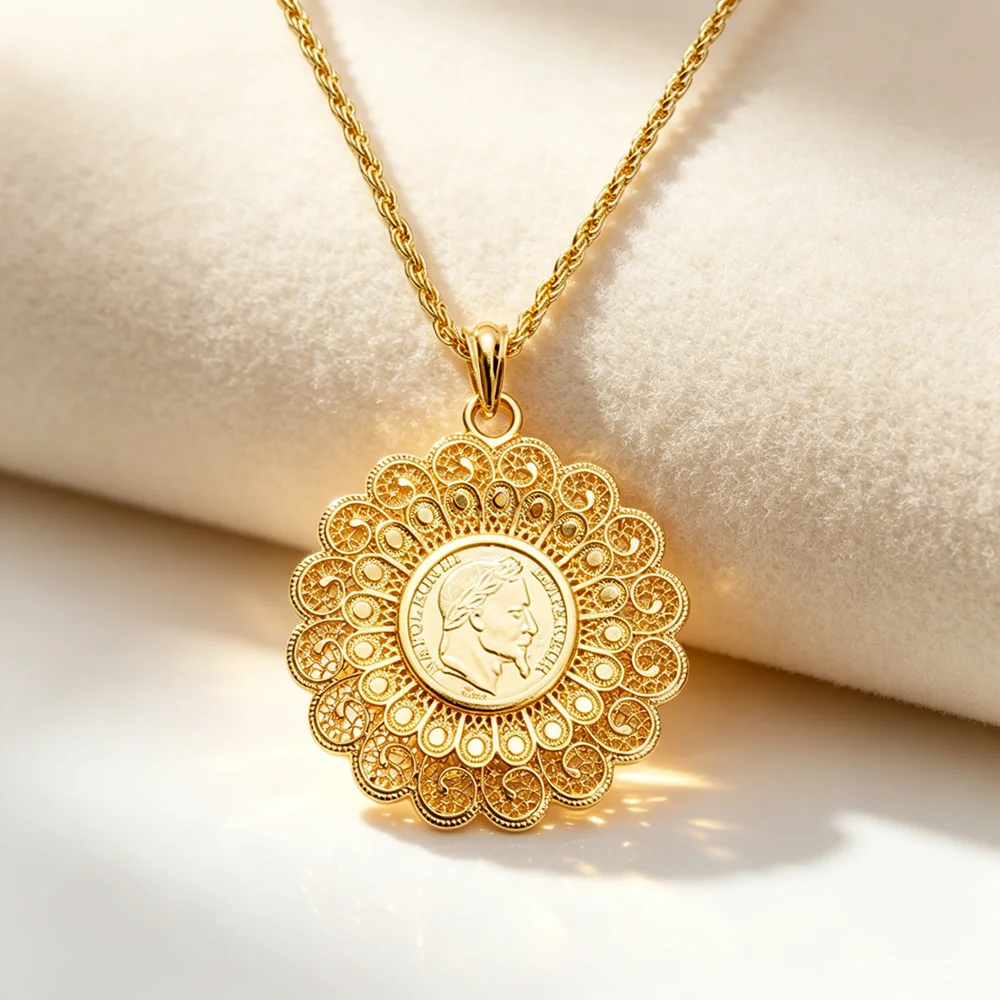 Retro round 3D Flower Coin Pendant 60cm Long Chain Necklace for Women Algerian Wedding Jewelry Carved Napoleon Coin