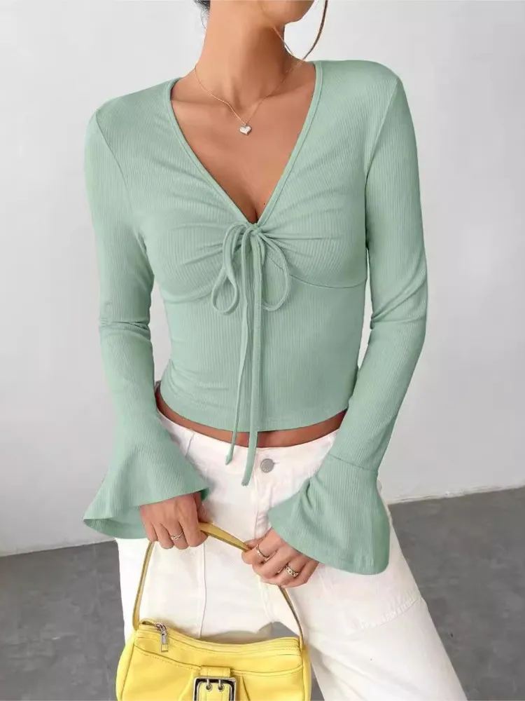 Casual Solid T Shirt Top Lady Fashion V Neck Long Sleeve Pullover Tshirts Tops For Women Elegant Office Womens Clothing Spring