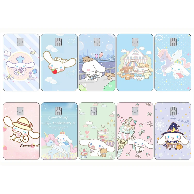 Kawaii Cinnamoroll Anime adesivi per carte di debito di credito fai da te Laser Cartoon Anime nastro di pellicola impermeabile pelle per piccoli grandi senza Chip