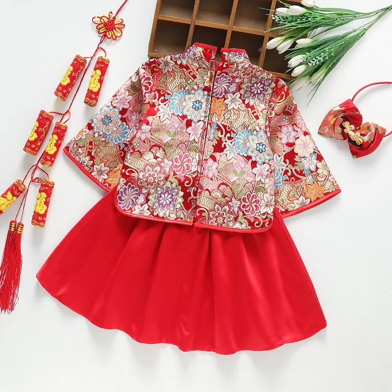 Children Tang Dress Red Embroidery Chinese Style Girl Baby First Birthday Dress Baby Kid Happy New Year Clothes Set