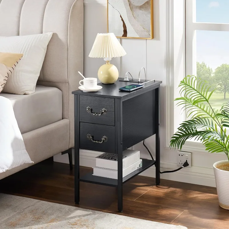 End Tables,Narrow Nightstands with Charging Station & USB Ports &Drawers,Night Stand for Living Room, Bedroom,Black