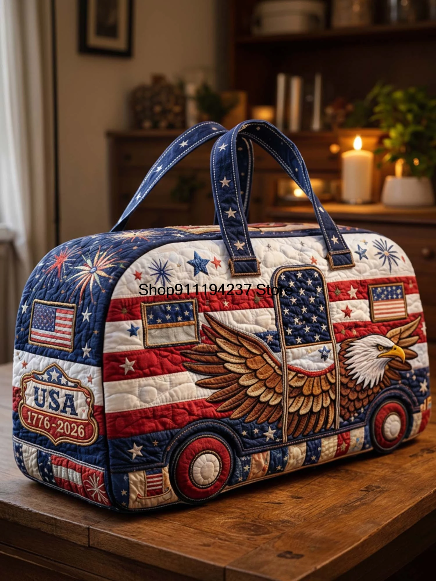 Hippie Patriot Campervan Quilted Duffle Bag Women Girls Workout Travel Bag Funny Shopping Work