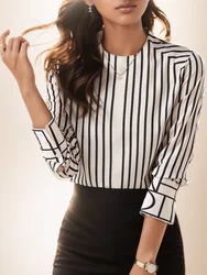 Spring French Elegant Women Shirt Casual Fashion Stripe O-Neck Long Sleeve Blouse Office Lady Tops Vintage Loose Clothes Blusa