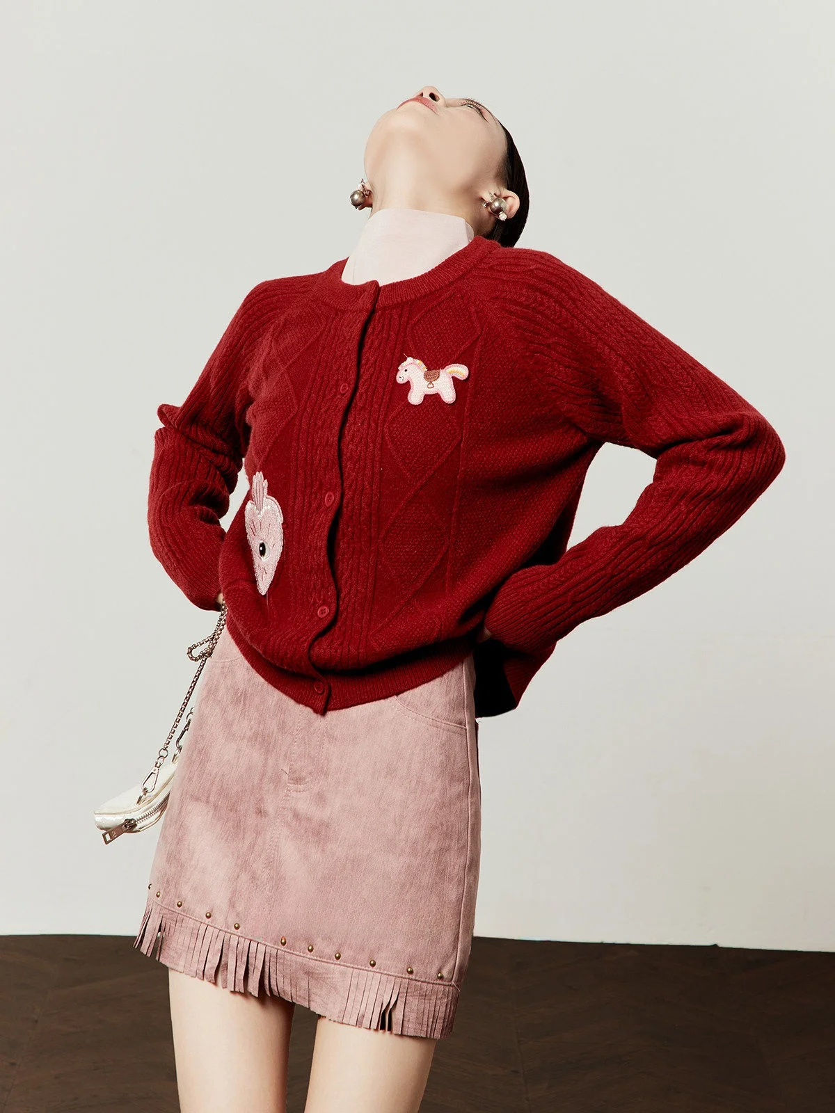 

Red Knitted Sweater Women's Spring New Sle Cardigan Love Heart Embroidery Commute Wind Loose Fit Long Sve round Ne