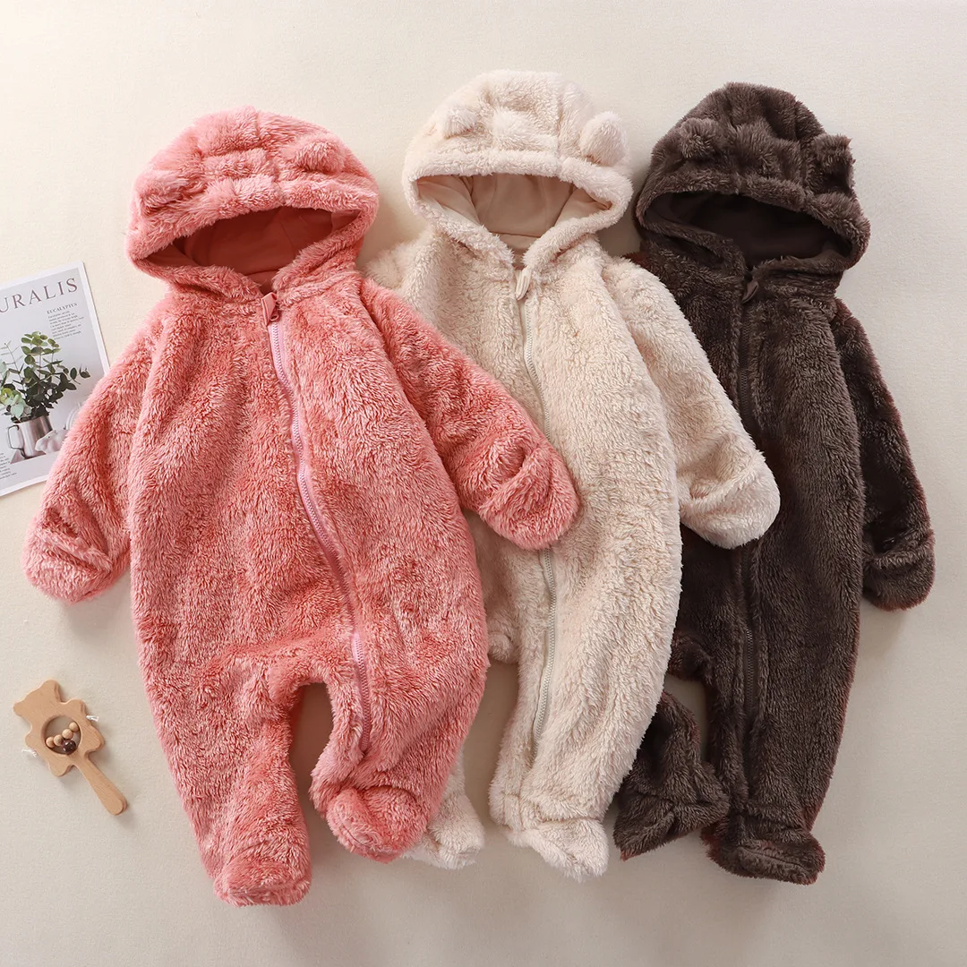 

New 2025 Newborn Baby Autumn Winter Soft Flannel Romper Toddler Cute Solid Hooded Zipper Warm One-piece Rompers Infant Playsuit