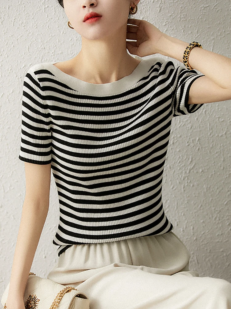 Black T Shirt Women Striped Slash Neck Korean Fashion Tee Shirts Short Sleeve Summer Knit Tops T-shirts Casual Women's Clothes