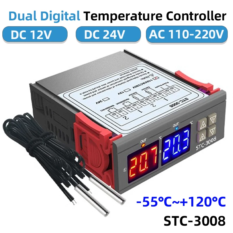 STC-3008 Dual Digital Temperature Controller Two Relay Output Thermostat Heater with Probe 12V 24V 220V Home Fridge Cool Heat