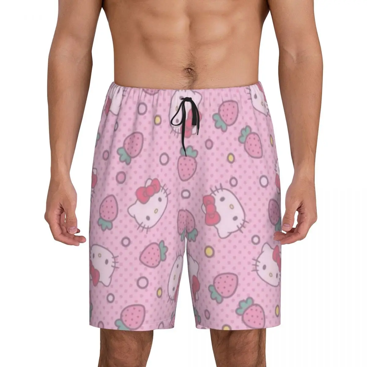 

Custom Print Men's Pink Bow Animated Anime Hello Kitty Pajama Bottoms Sleepwear Pjs Sleep Shorts with Pockets