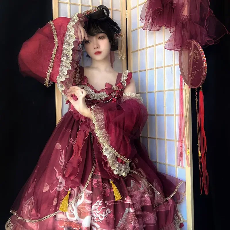 [Zorro de nueve colas] tirantes de estilo chino Retro rojo, vestido de princesa de fiesta de té de Jsk Victoria, Lolita gótica