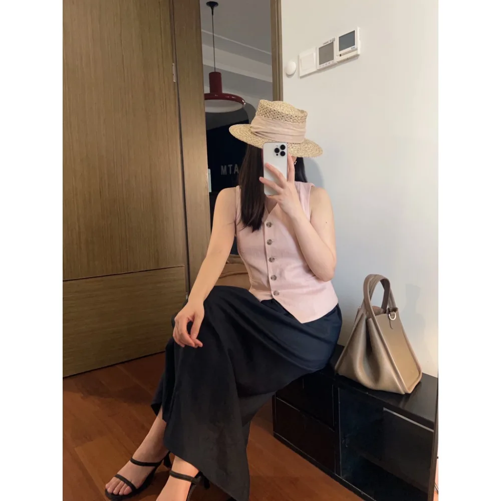 

Cotton and linen women's half skirt, simple retro A-line skirt, split elastic waist straight black long skirt for women,2025 new