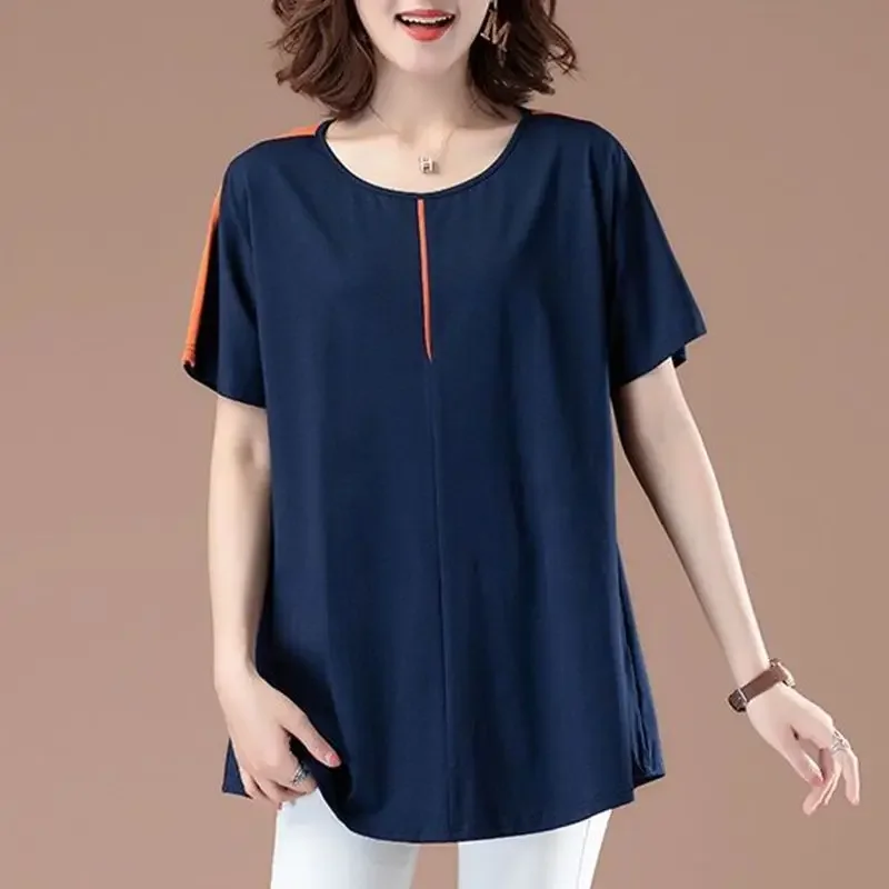 

Simplicity Round Neck Solid Patchwork T-Shirts Comfortable Pullovers Loose Fashion Casual Summer Short Sleeve Women's Clothing