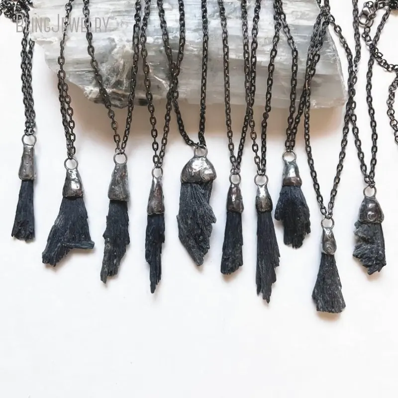 10pcs Small Black Kyanite Fan Crystal Pendant Necklace Minimal Jewelry Gemstone Accessory