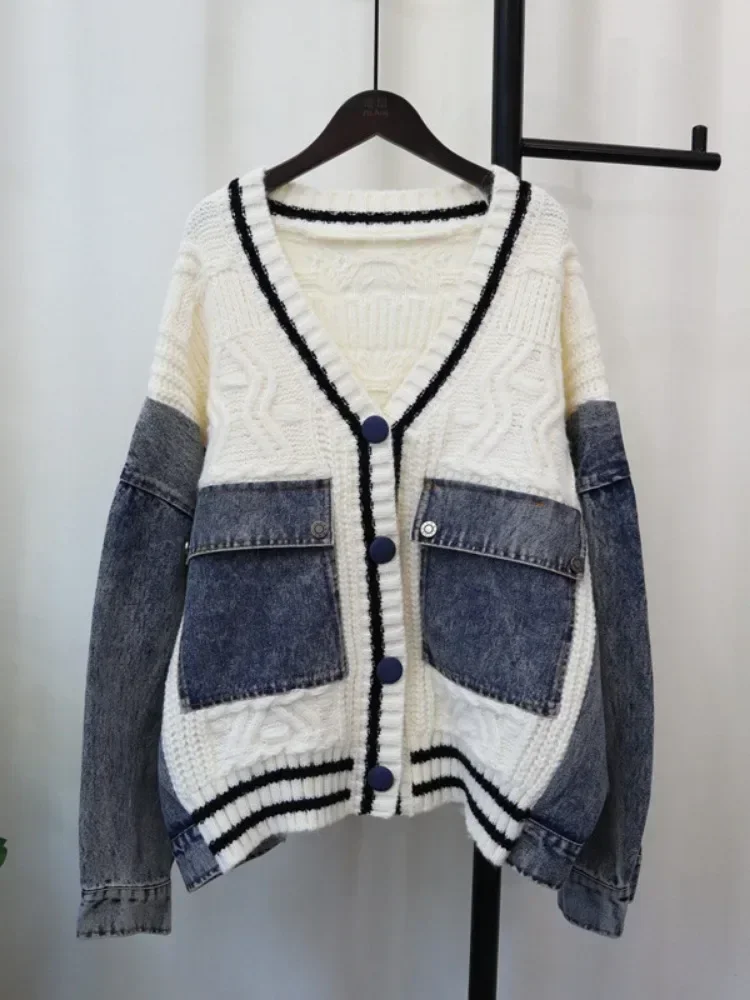 Contrast Denim Outerwears V-Neck Long Sleeve Ropa Mujer 2024 Loose Woman Cardigans Autumn Winter Double Pocket Sweater