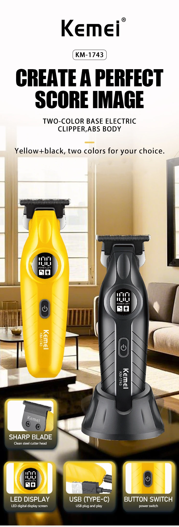 KM-1743 Professionelles Haarschneidemaschinen-Set für Männer, kabellose USB-Lade-Haarschneidemaschine, professionelle Haarschneidemaschine für Herren – Detail 1