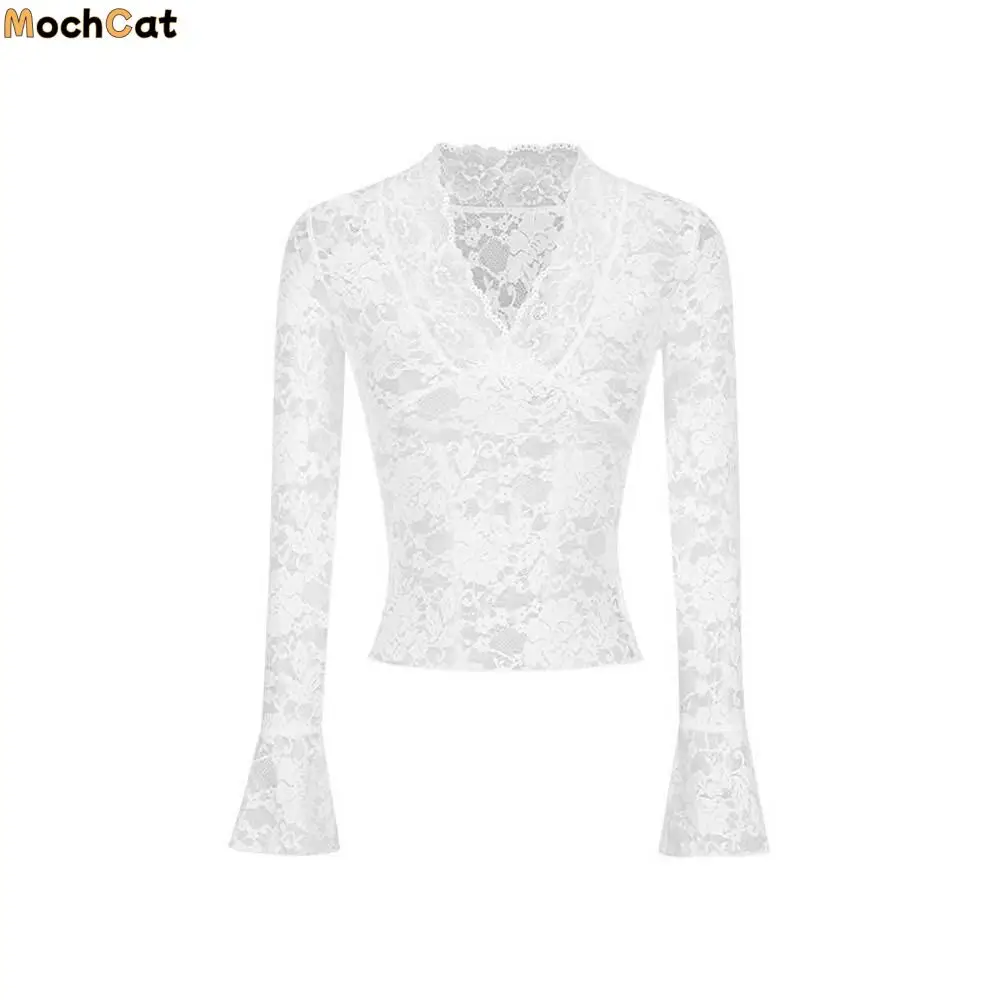 

Low Collar Lace Bottomed Blouse Hollow Thin See-Through Long Sleeve Mesh Top French Style Spicy Girl Outfit Slim Fit Top