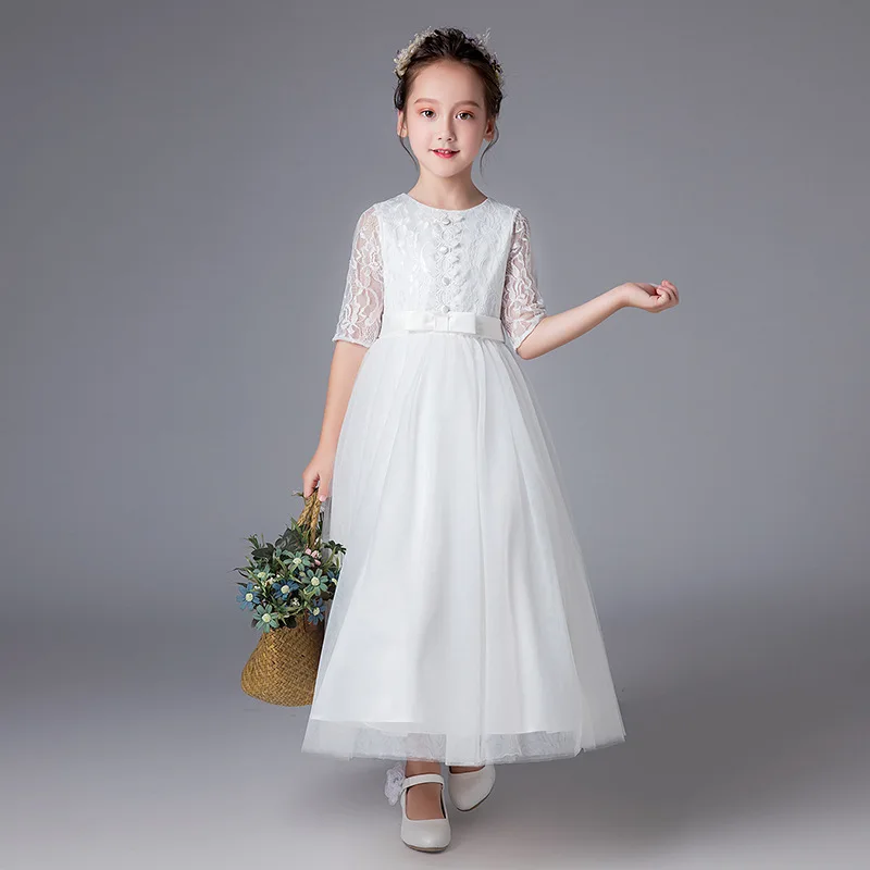 

White Elegant Long Evening Dress Young Girl Bridesmaid Wedding Dresses for Teenagers Children Lace Prom Clothes 4 to 15 Years