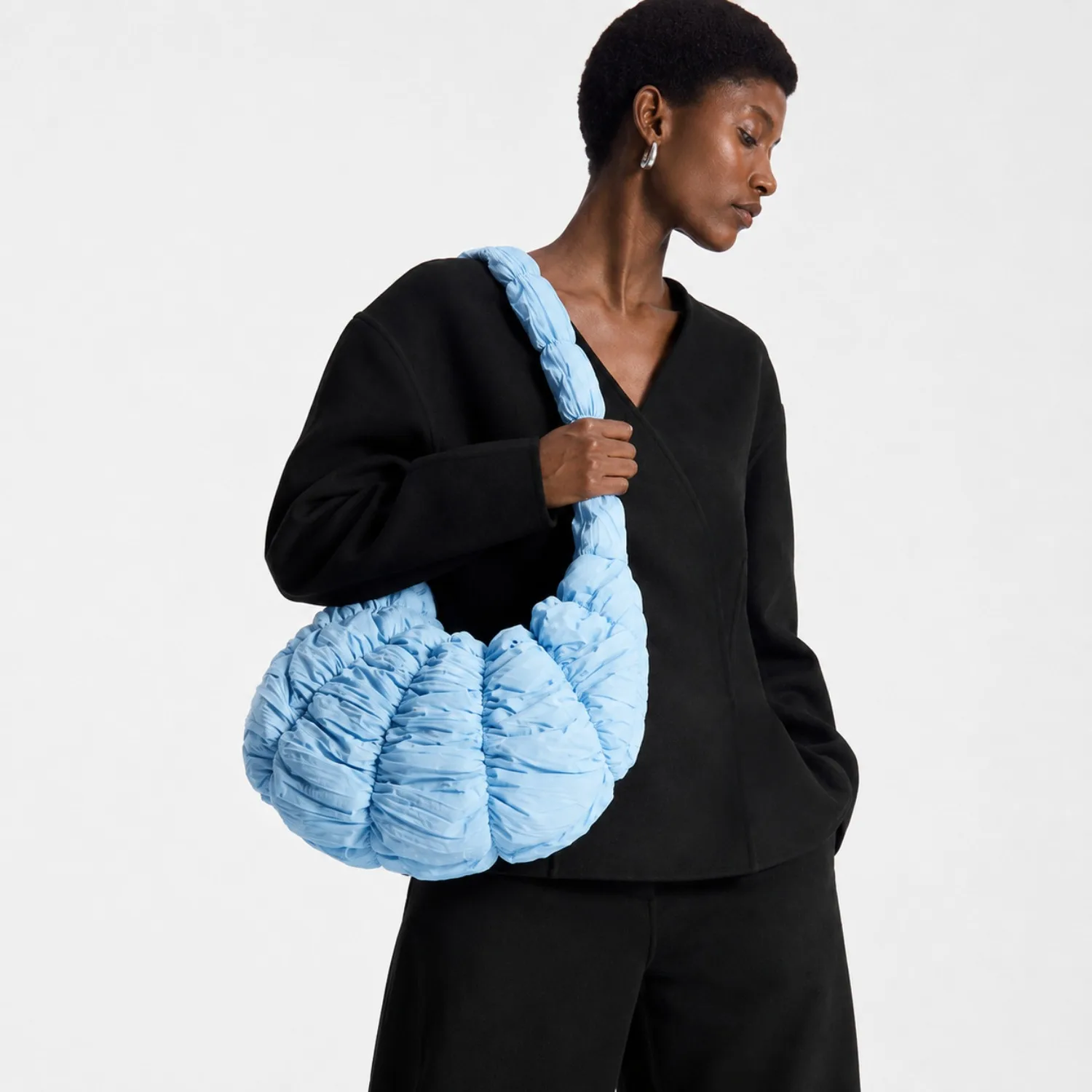Women’s Croissant Quilted Shoulder Bag, Large Ruched Nylon Crossbody Handbag, Lightweight Casual Purse, Fashion Daily Bag