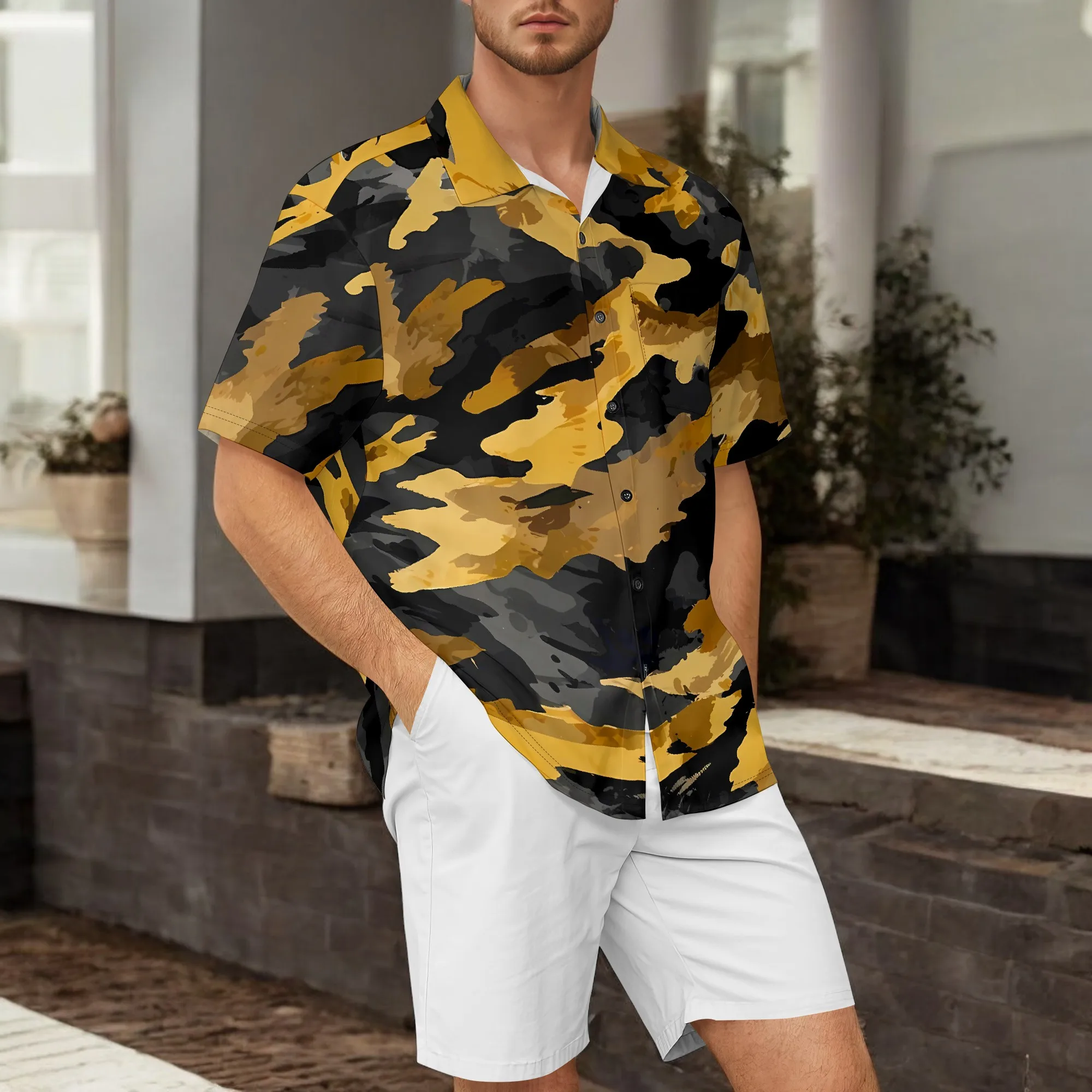 

YEAE Gold Camo Print Shirt for Men Summer Casual Short Sleeve Top