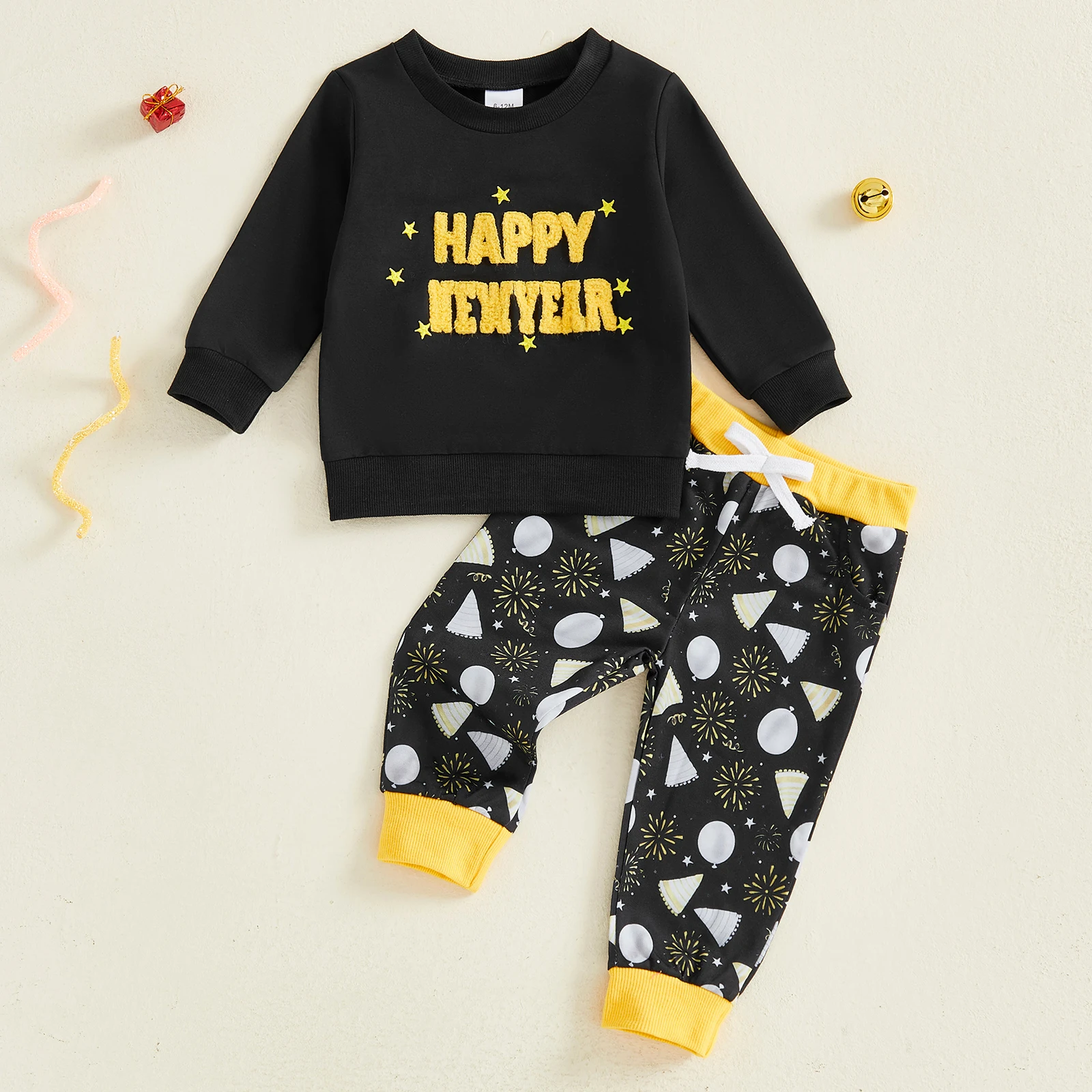 طفل رضيع الفتيان ملابس السنة الجديدة المألوف طويلة الأكمام خطابات التطريز السترة مع طباعة السراويل 2PCS مجموعة الملابس