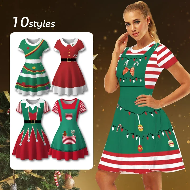 Damska sukienka wesołych świąt dla kobiet Xmas Elf Snowman Stripe Printed Xmas Vintage Female Party Performance Cosplay Costumes