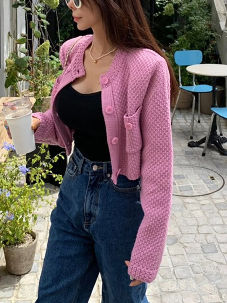 موضة جديدة محبوك قصيرة Caridgan النساء البلوزات طويلة الأكمام واحدة الصدر سترة معطف س الرقبة الخريف الشتاء محبوك القمم #2