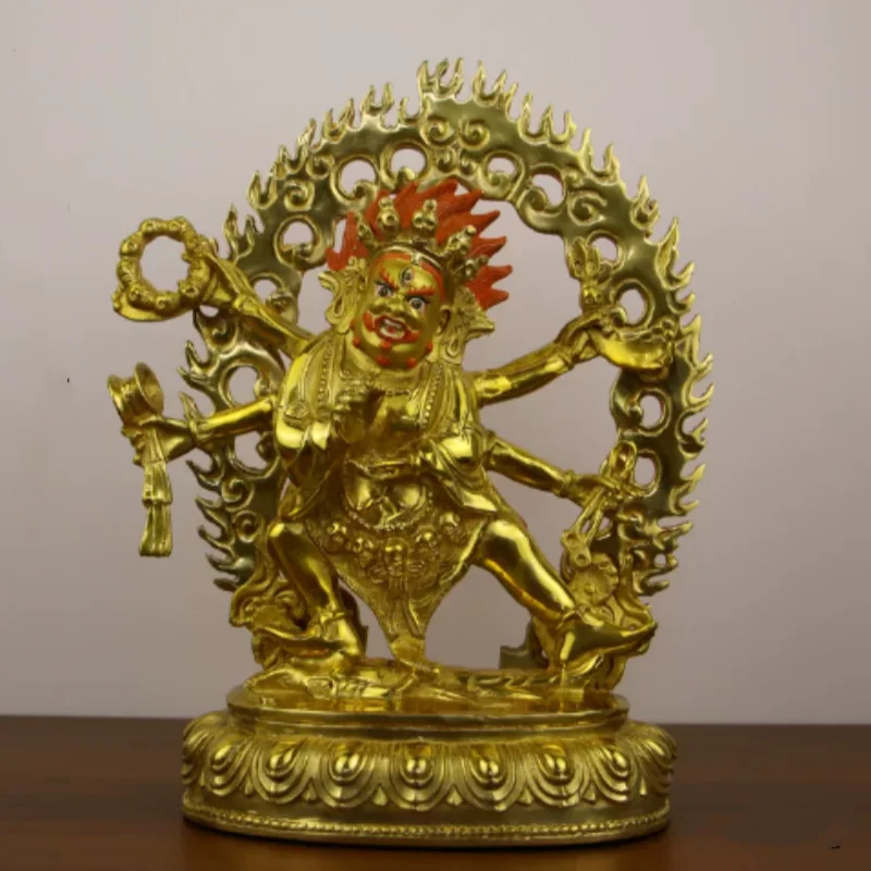 Antique Copper Gilt Six-Armed Mahakala - Tibetan Buddhist Wealth God & Protector Deity Statue, Fortune & Power Feng Shui Craft