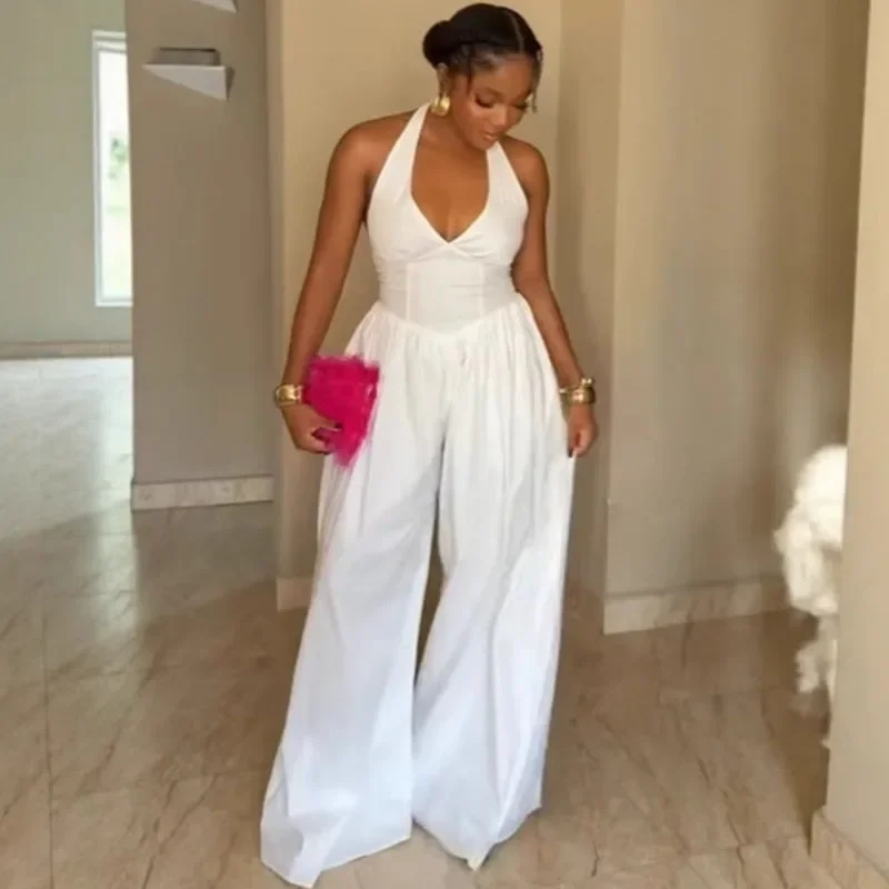 

Sexy Halter Backless Wide Leg Jumpsuit Woman Sleeveless V-neck Elegant Romper Corset High Waist One Pieces Overalls Club Outfits