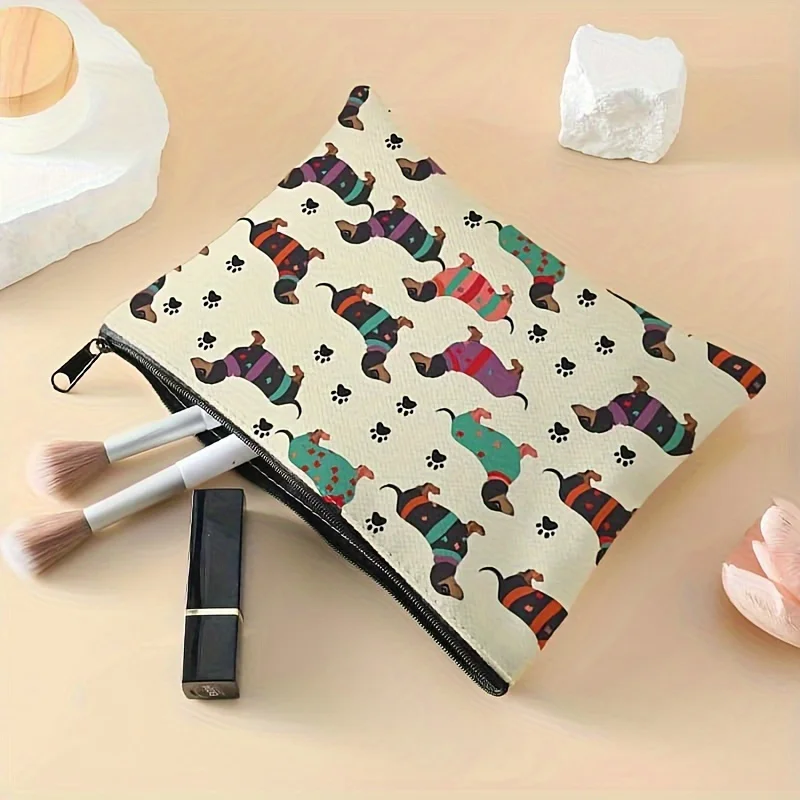 Uma bolsa de maquiagem estampada com padrão de cachorro pequeno – uma linda bolsa multifuncional com zíper para mulheres, bolsa de armazenamento de joias,