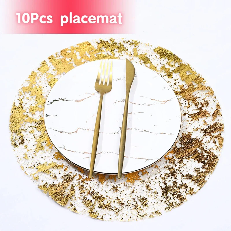 13 inch 10Pcs Disposable Gold Placemats Metal Round Gold Foil Mesh Pads for Home Dining Table Party Supplies Table Mates