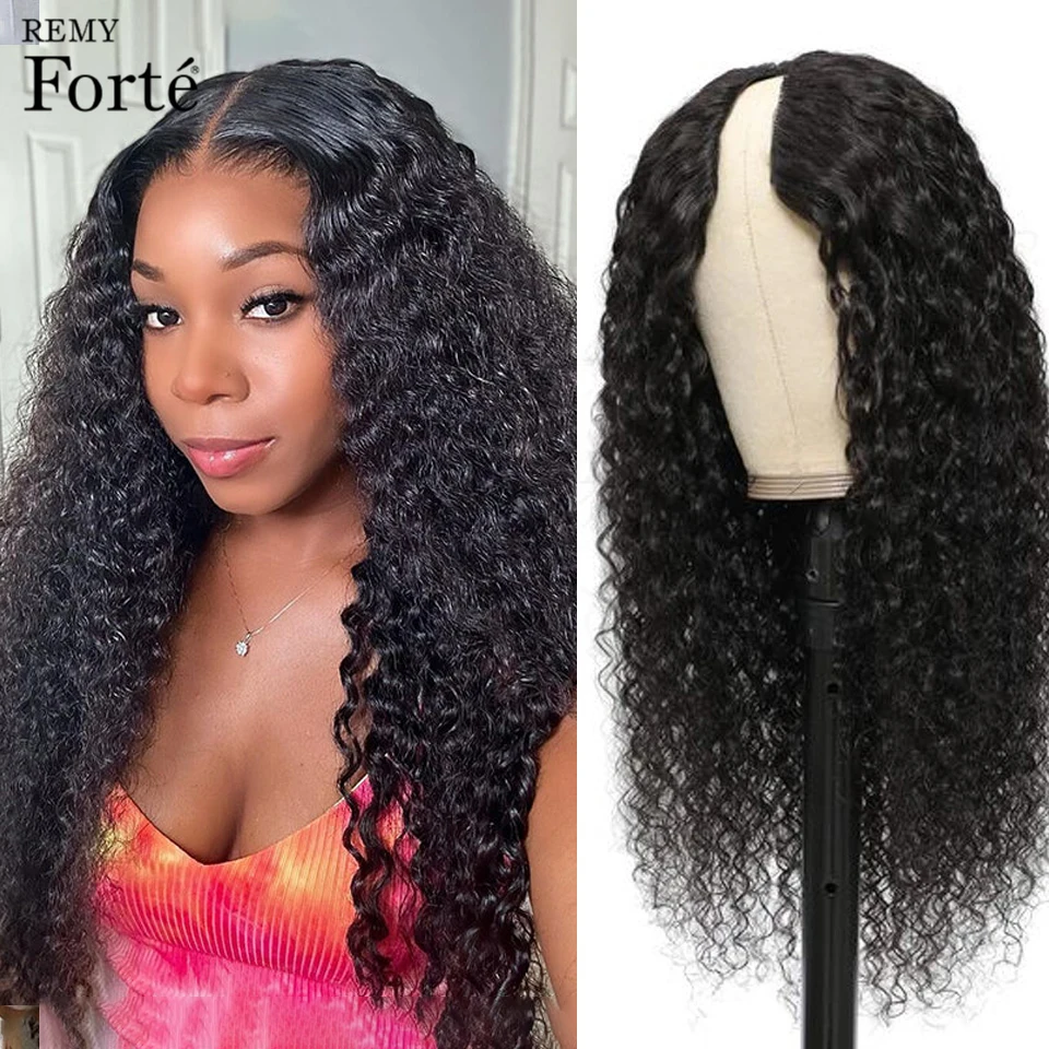 Remy Forte Water Wave V Part Wig Human Hair Brazilian Hair Wig Deep Curly Human Hair Wig 180% Density Natural Black U Part Wigs