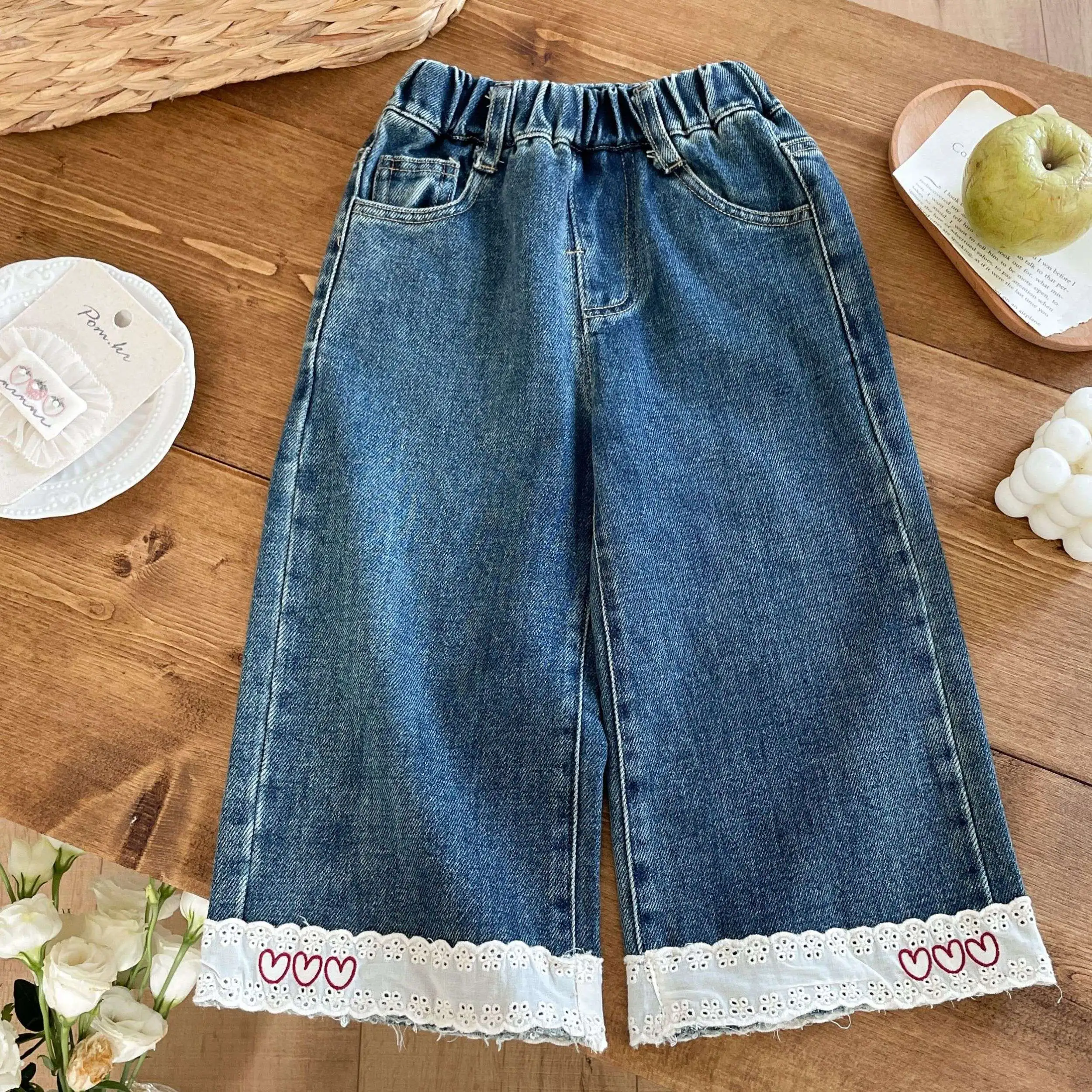 Little Girl Korean Style Cute Autumn Jeans 2026 New Baby Casual Versatile Wide Leg Lace Pants