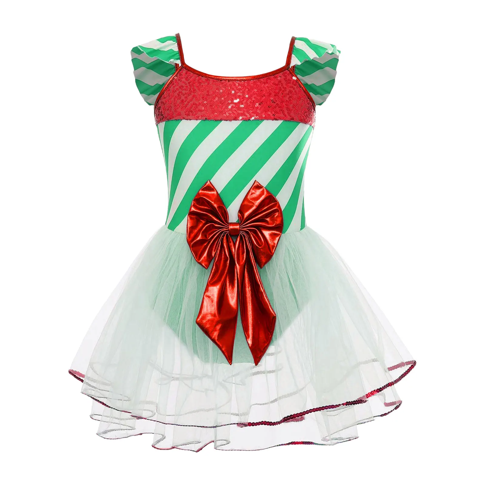 Disfraz de juego de rol de bastón de caramelo de Navidad, vestido de lentejuelas a rayas con lazo, vestido tutú dulce, mono, vestido de Carnaval para Festival, leotardo